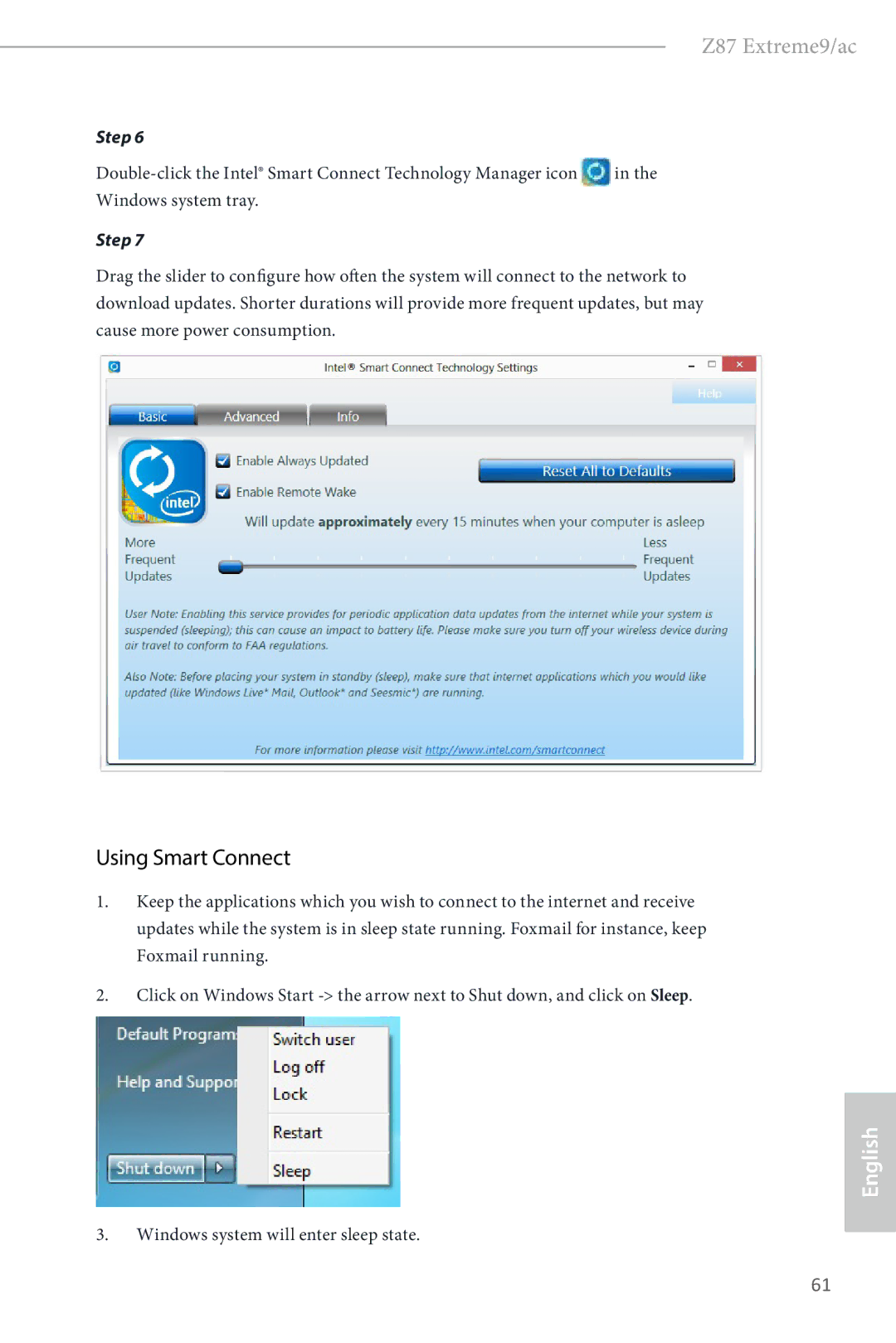 ASRock Z87 Extreme9/ac manual Using Smart Connect, Windows system will enter sleep state 