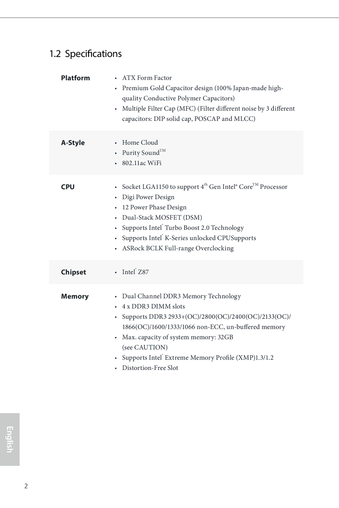 ASRock Z87 Extreme9/ac manual Specifications 