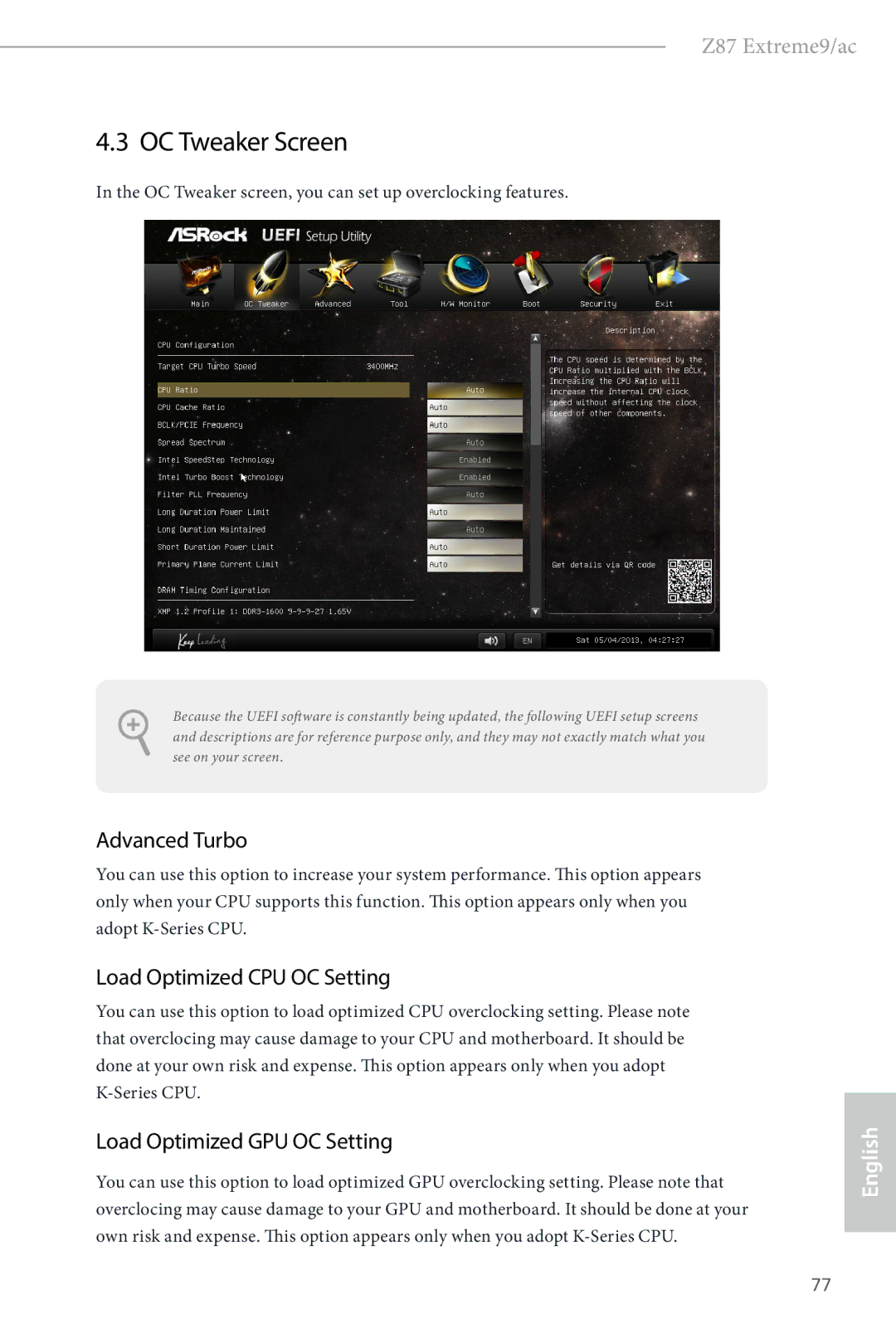 ASRock Z87 Extreme9/ac OC Tweaker Screen, Advanced Turbo, Load Optimized CPU OC Setting, Load Optimized GPU OC Setting 