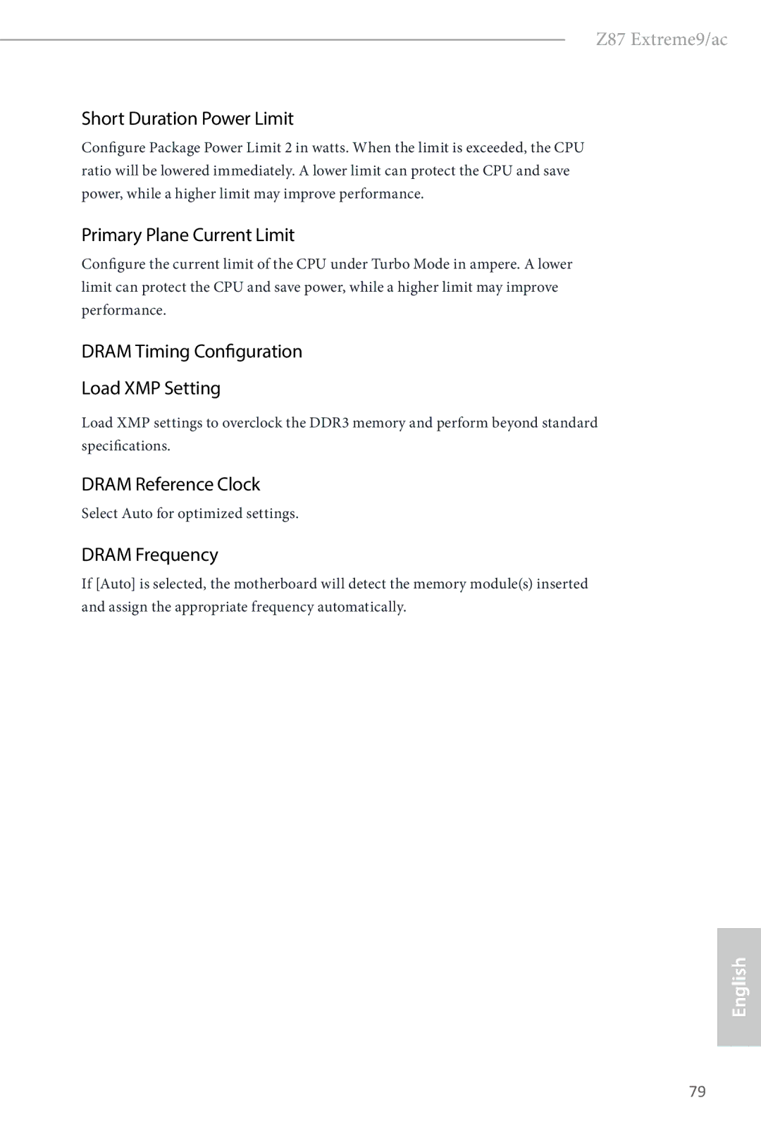 ASRock Z87 Extreme9/ac Short Duration Power Limit, Primary Plane Current Limit, Dram Timing Configuration Load XMP Setting 