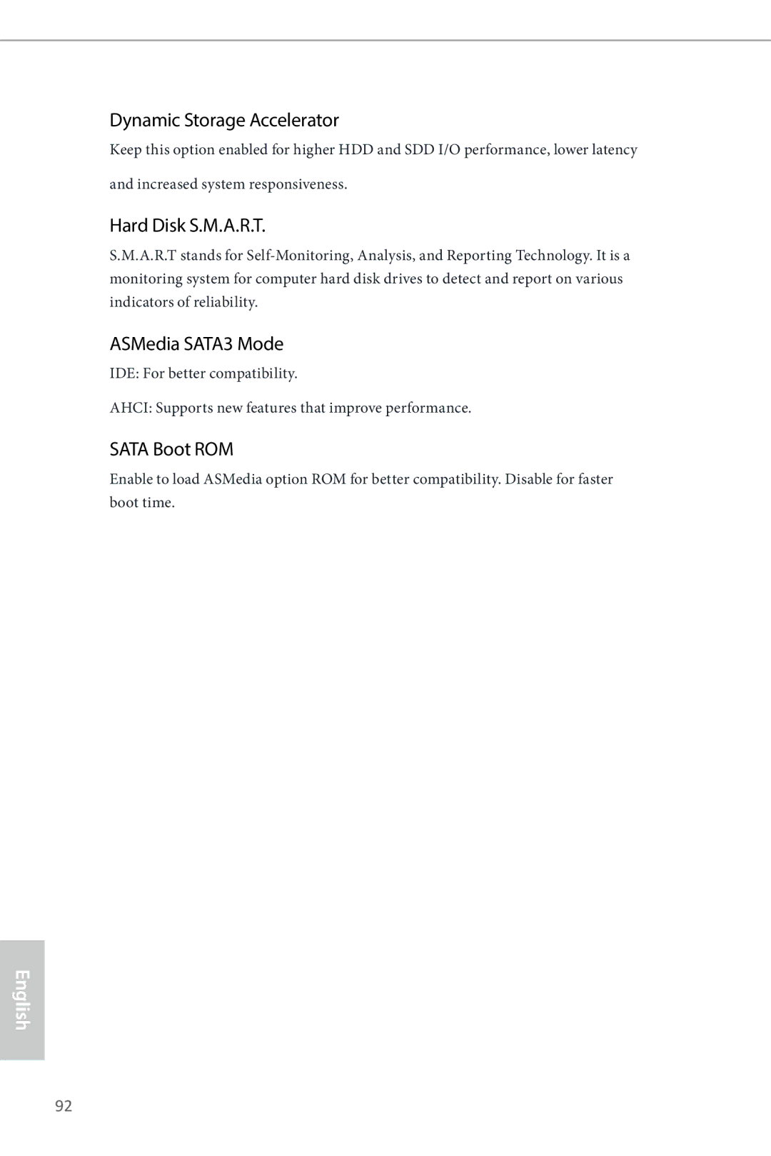 ASRock Z87 Extreme9/ac manual Dynamic Storage Accelerator, Hard Disk S.M.A.R.T, ASMedia SATA3 Mode, Sata Boot ROM 