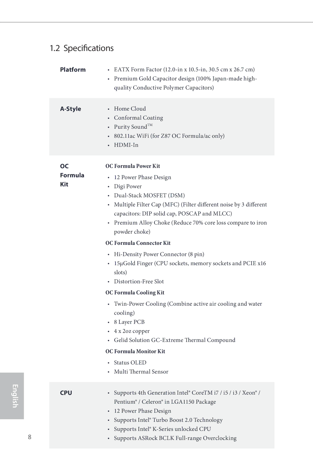 ASRock Z87 OC Formula manual Specifications, Platform, Style, Kit 