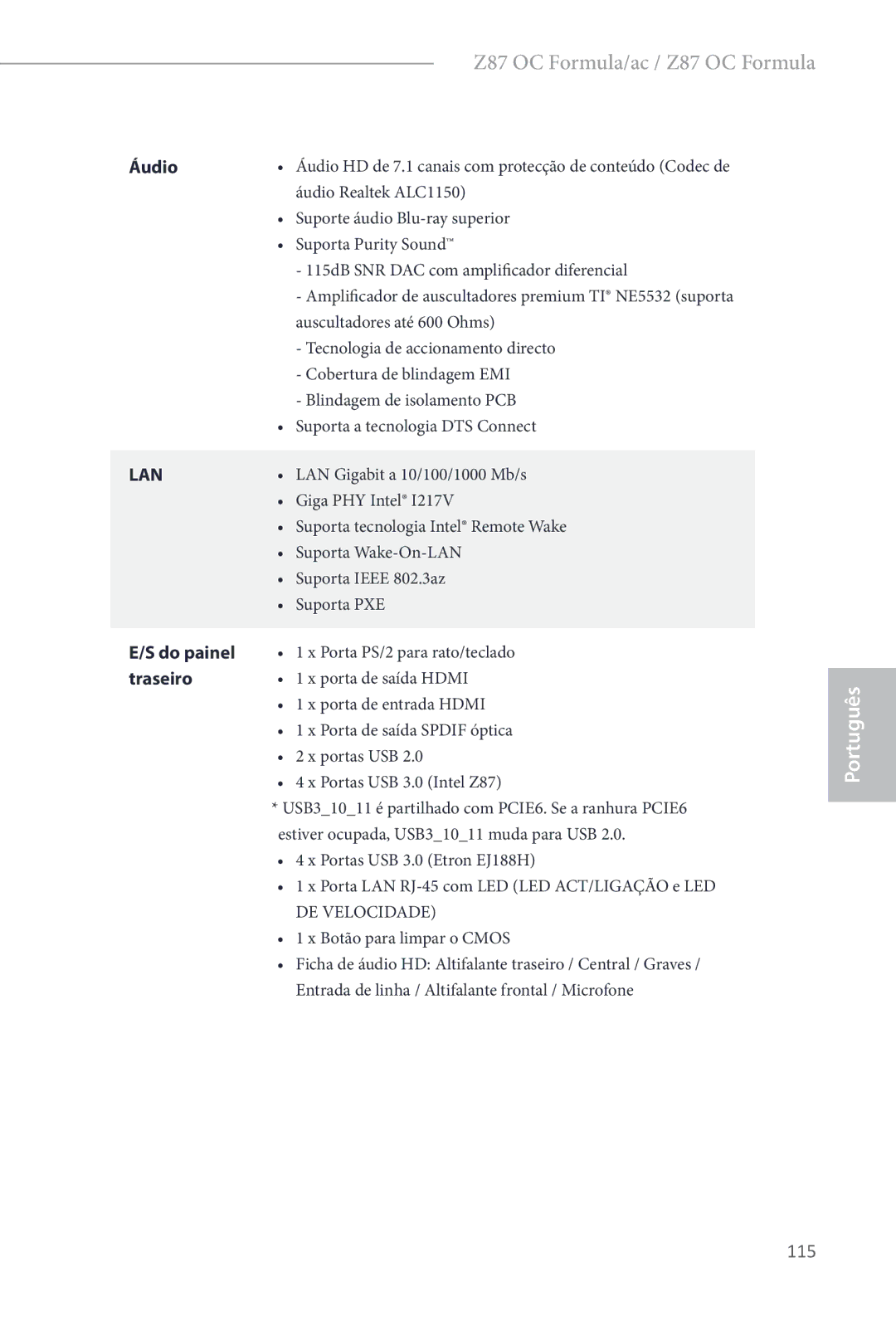 ASRock Z87 OC Formula manual 115, Áudio, Do painel, Traseiro 