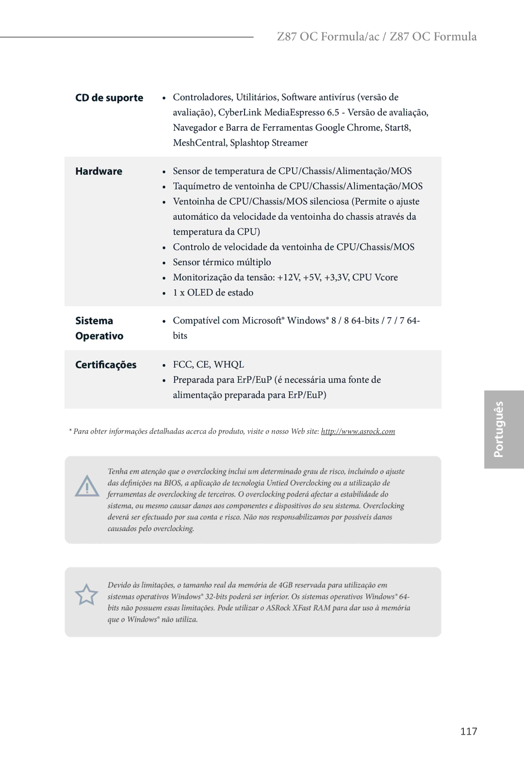 ASRock Z87 OC Formula manual 117, CD de suporte, Sistema, Operativo, Certificações 