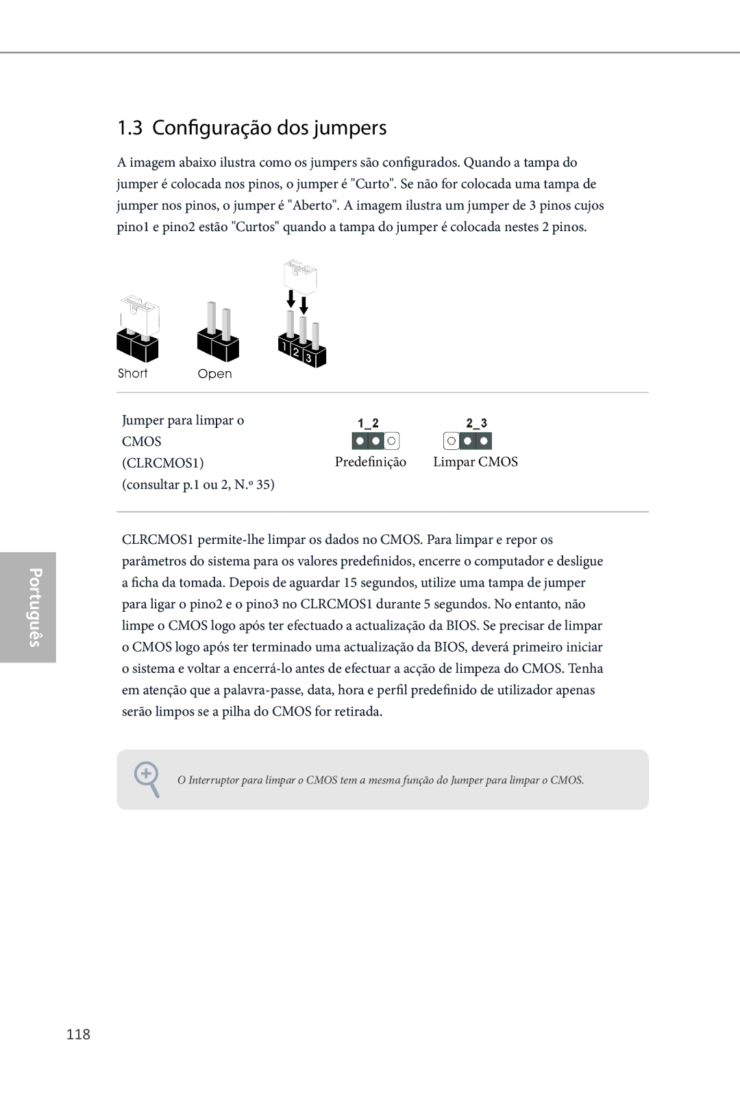 ASRock Z87 OC Formula manual Configuração dos jumpers, 118, Jumper para limpar o, Predefinição Limpar Cmos 