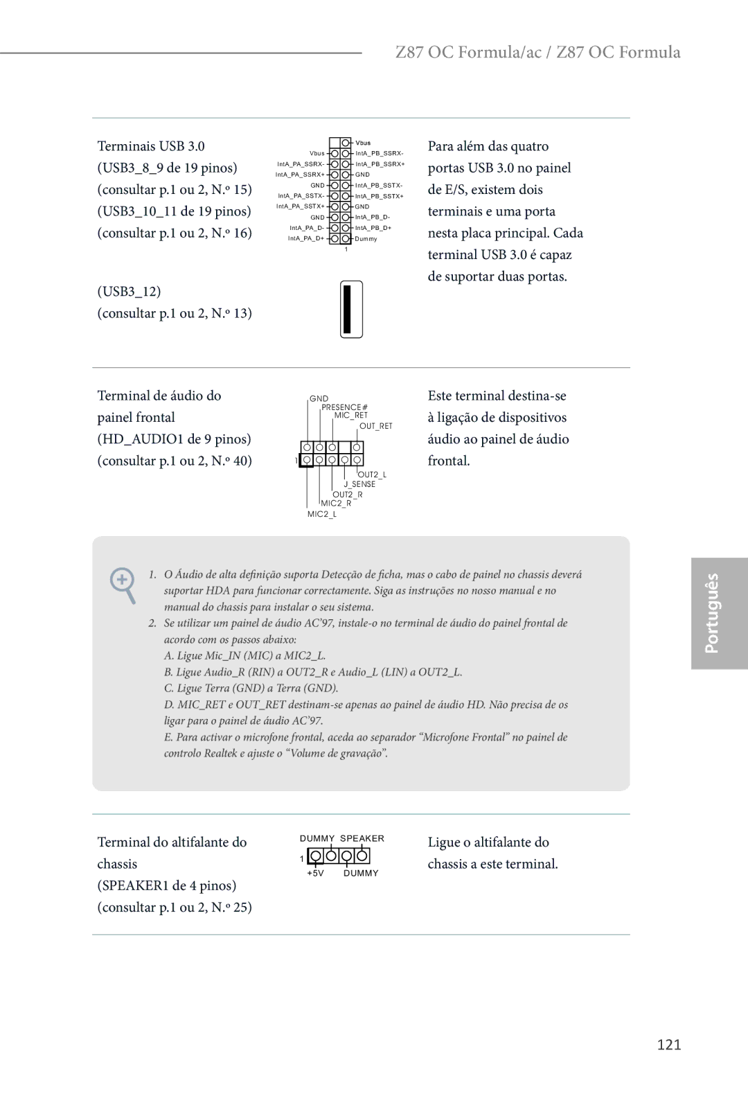 ASRock Z87 OC Formula manual 121, USB312 Consultar p.1 ou 2, N.º, Terminal do altifalante do, Chassis, SPEAKER1 de 4 pinos 