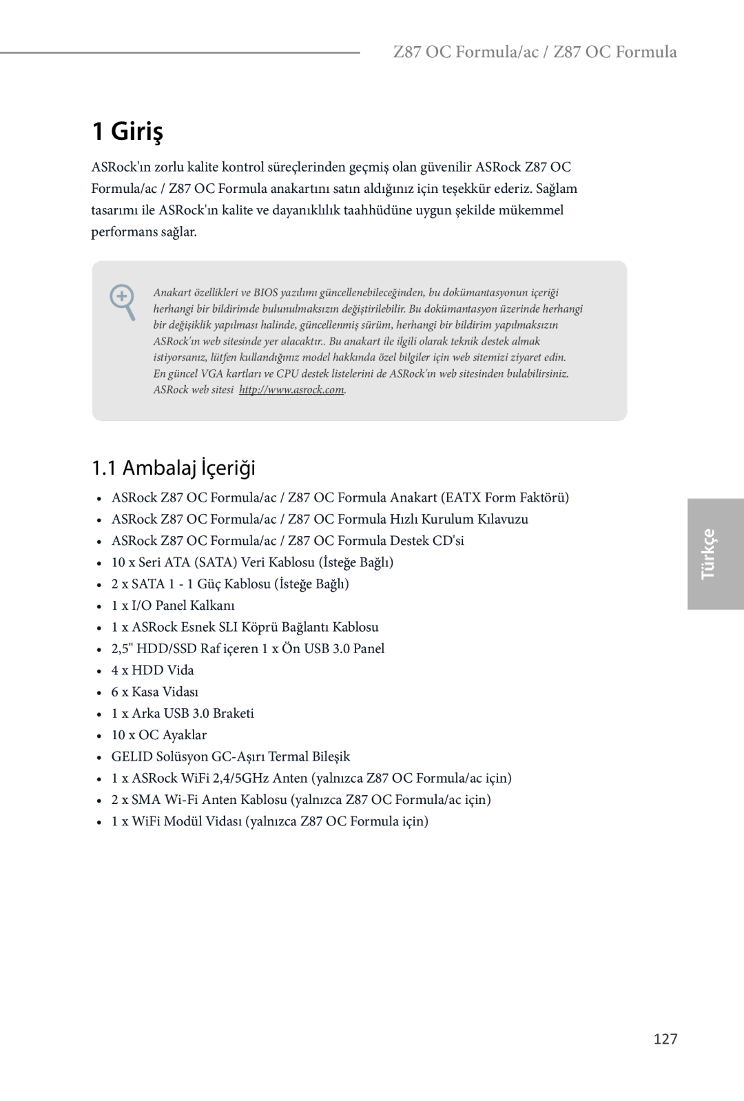 ASRock Z87 OC Formula manual Ambalaj İçeriği, 127 