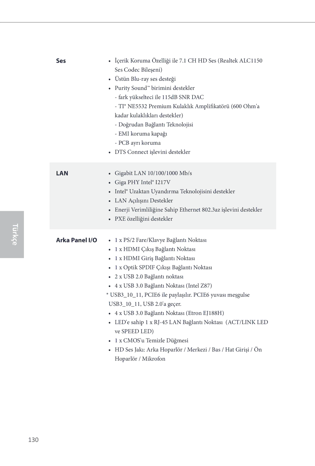 ASRock Z87 OC Formula manual 130, Ses, Arka Panel I/O 