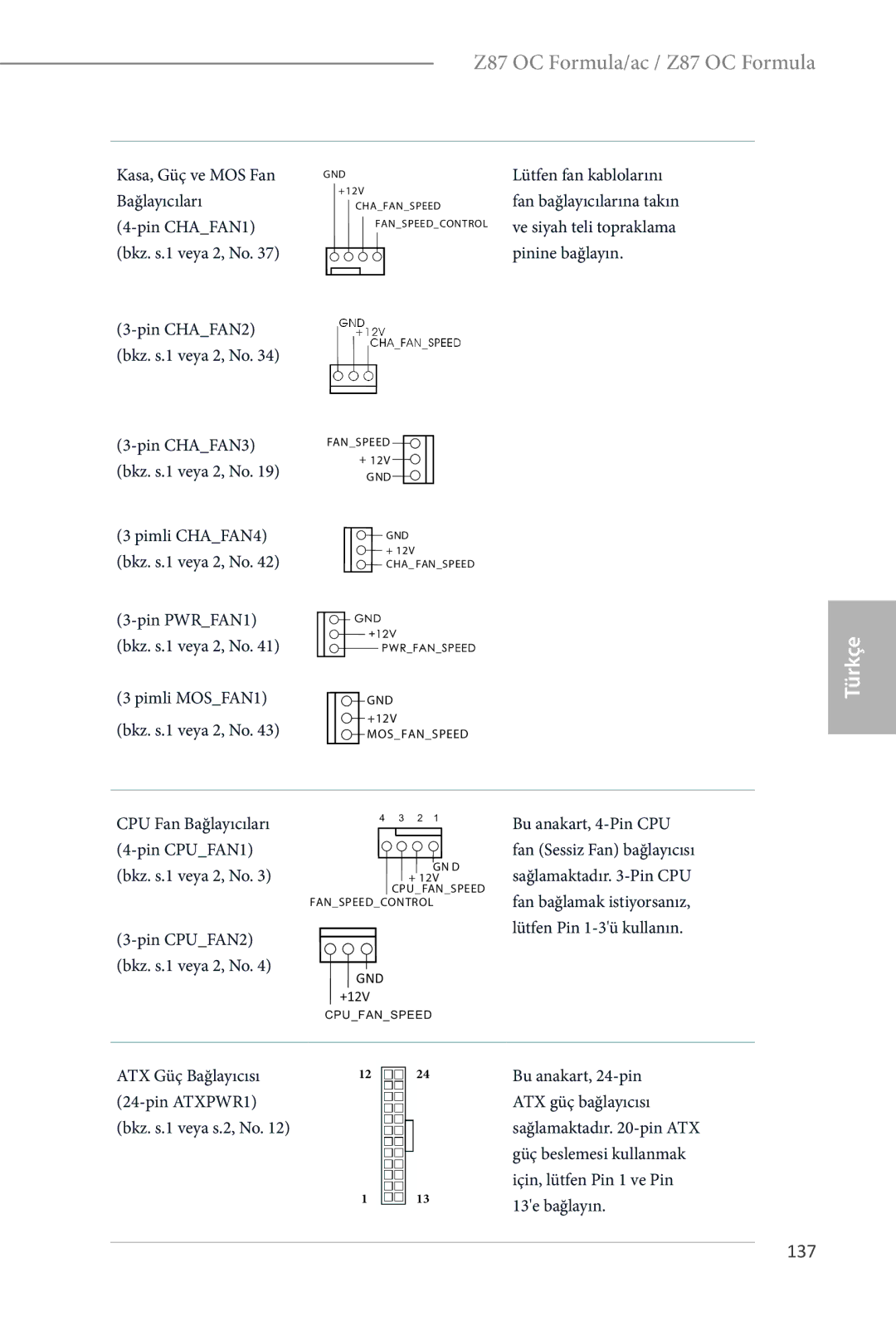 ASRock Z87 OC Formula manual 137, Kasa, Güç ve MOS Fan Bağlayıcıları, ATX Güç Bağlayıcısı Pin ATXPWR1 Bkz. s.1 veya s.2, No 