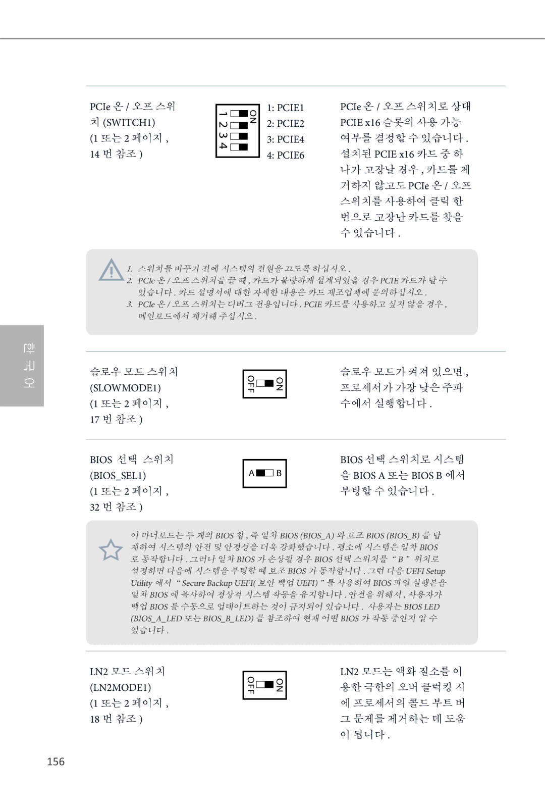 ASRock Z87 OC Formula manual 156, SLOWMODE1, BIOSSEL1, Bios a 또는 Bios B 에서, LN2 모드 스위치 LN2MODE1 