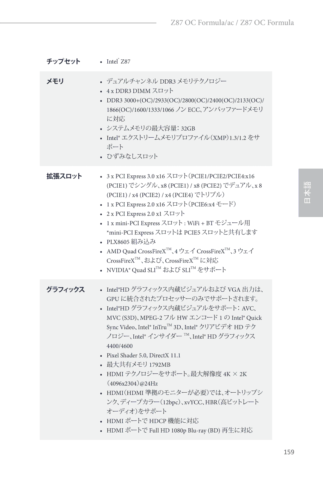 ASRock Z87 OC Formula manual 159, DDR3 Dimm スロット, 4400/4600 Pixel Shader 5.0, DirectX, （4096x2304）@24Hz 