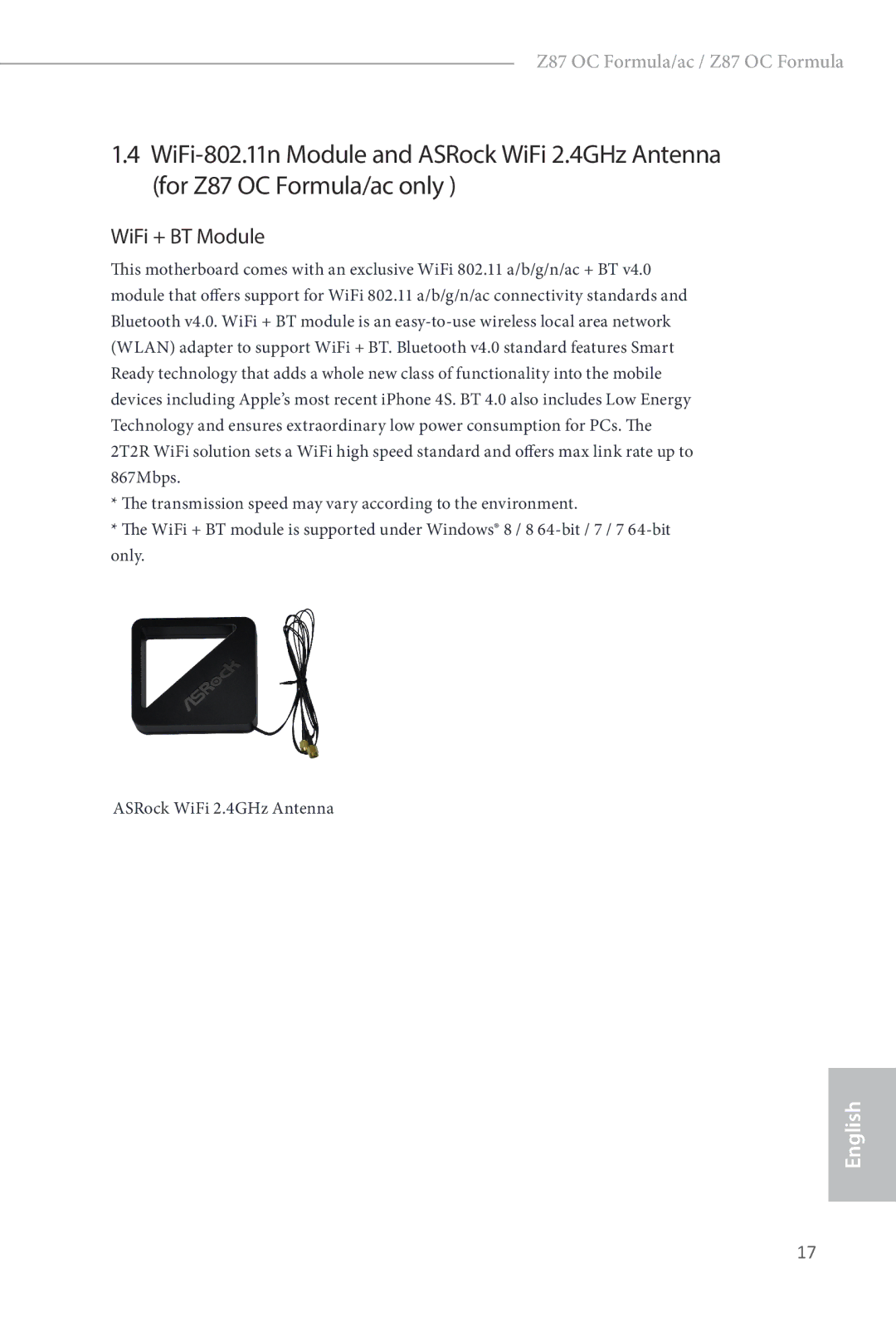 ASRock Z87 OC Formula manual WiFi + BT Module 