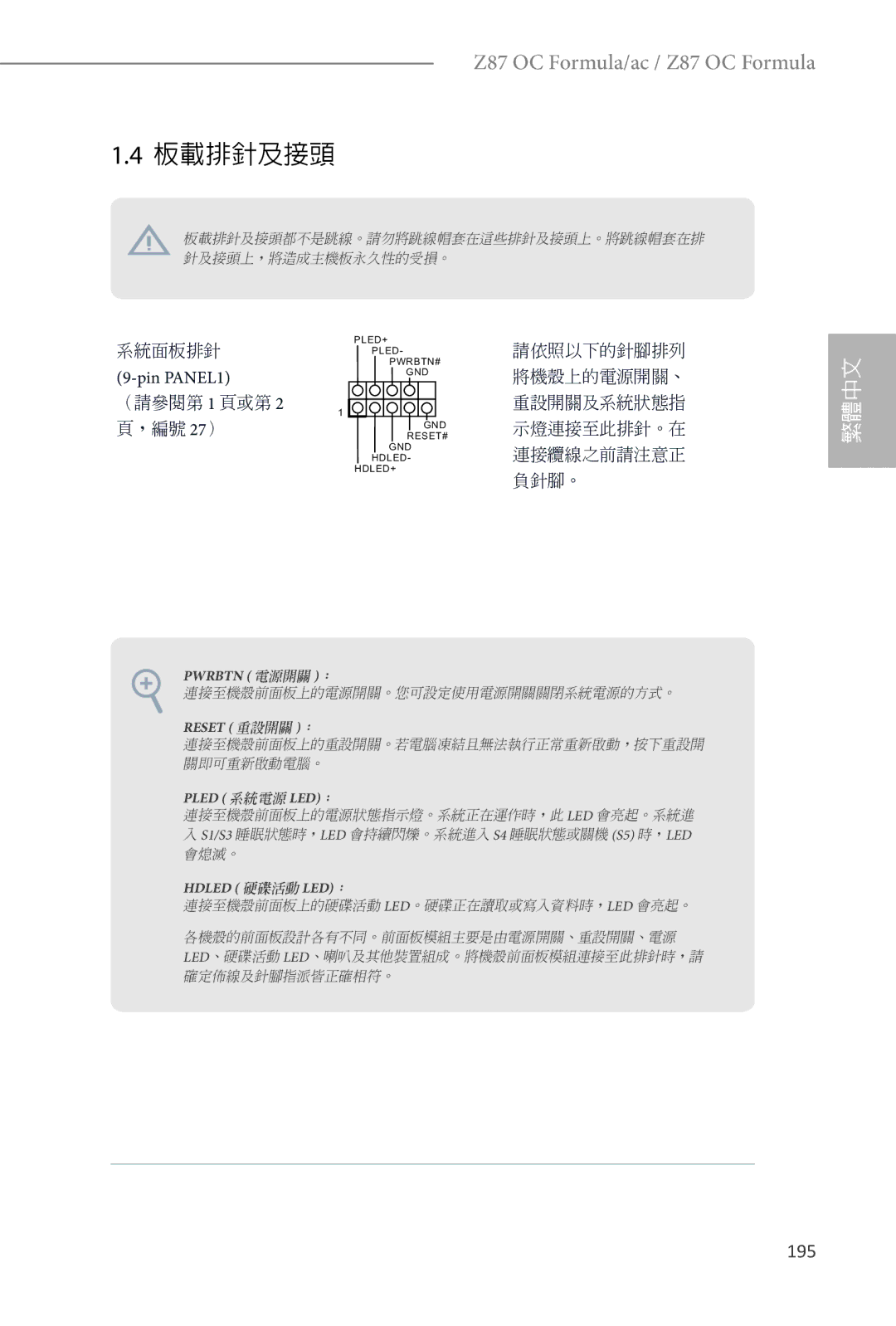 ASRock Z87 OC Formula manual 195, Pin PANEL1 