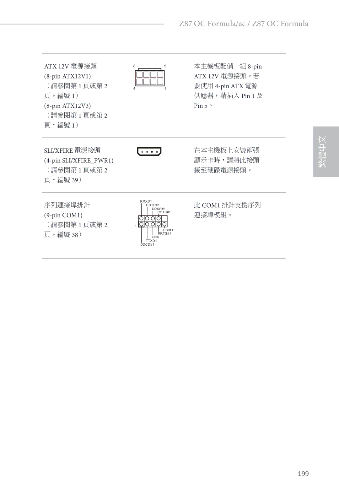 ASRock Z87 OC Formula manual 199, Pin ATX12V3, ATX 12V 電源接頭。若, Pin 5。 SLI/XFIRE 電源接頭, Pin SLI/XFIREPWR1 