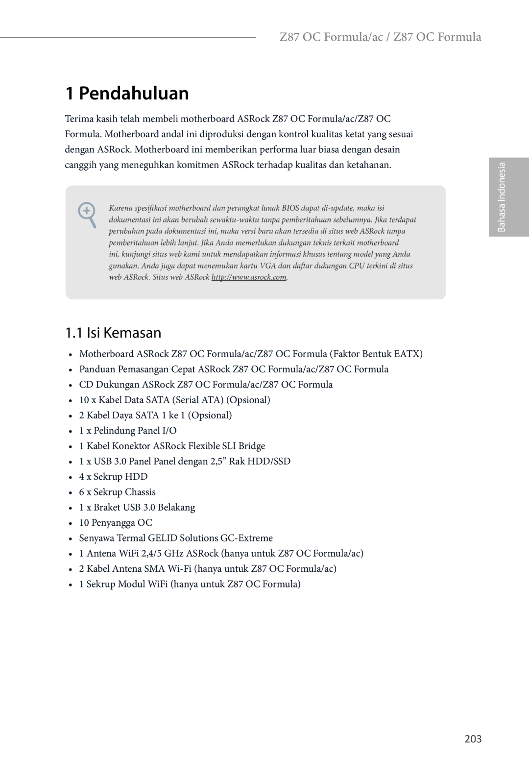 ASRock Z87 OC Formula manual Isi Kemasan, 203 