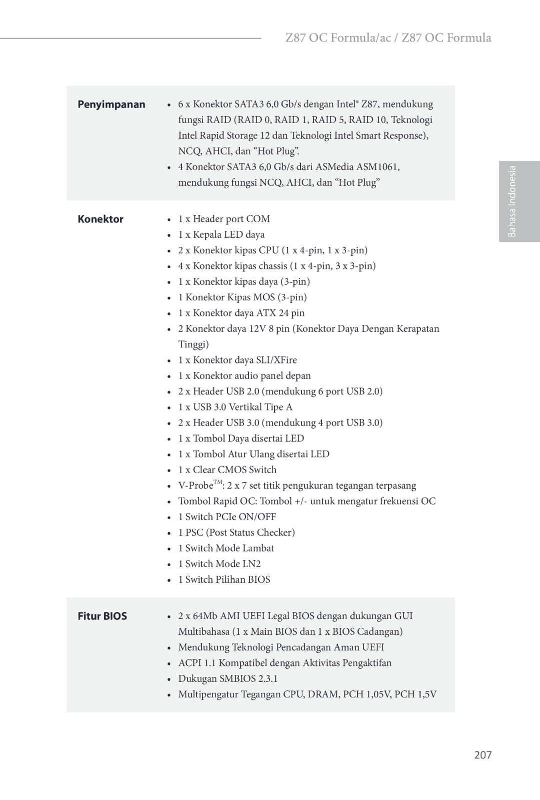 ASRock Z87 OC Formula manual 207, Penyimpanan, Konektor, Fitur Bios 