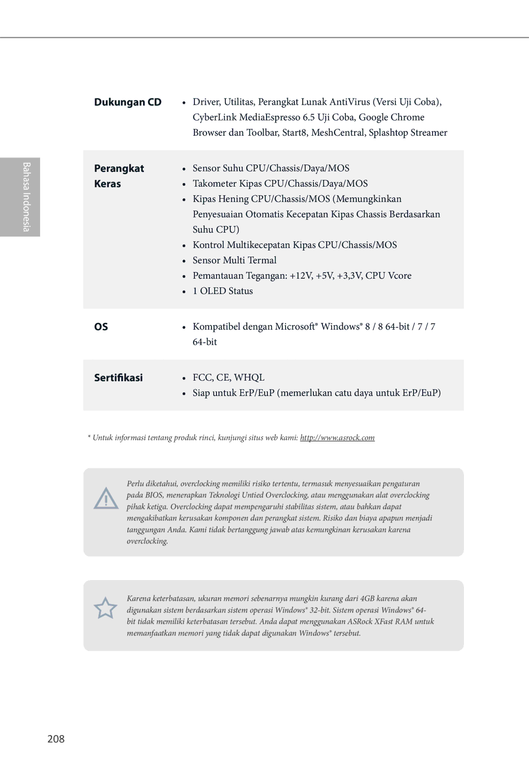 ASRock Z87 OC Formula manual 208, Dukungan CD, Perangkat, Keras, Sertifikasi 