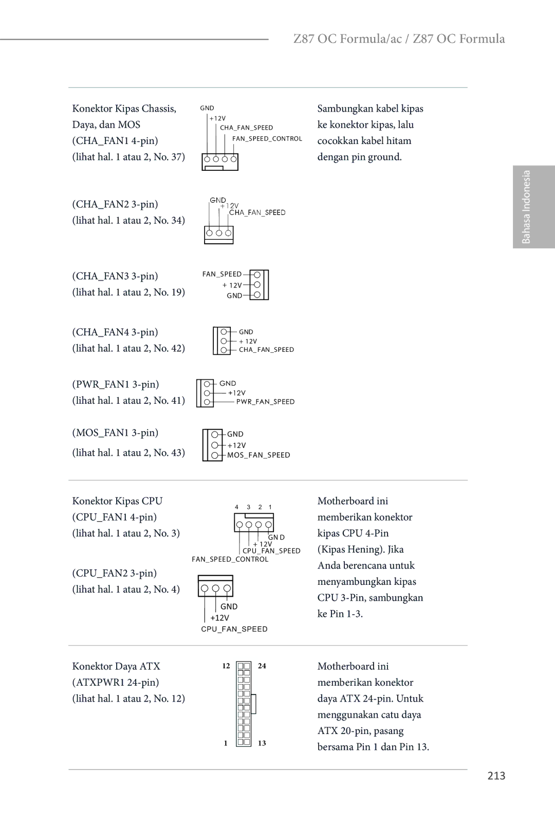 ASRock Z87 OC Formula manual 213, CHAFAN3 3-pin, CHAFAN4 3-pin, PWRFAN1 3-pin Lihat hal atau 2, No MOSFAN1 3-pin 