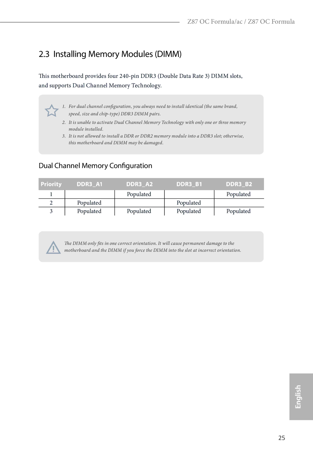 ASRock Z87 OC Formula manual Installing Memory Modules Dimm, Dual Channel Memory Configuration 