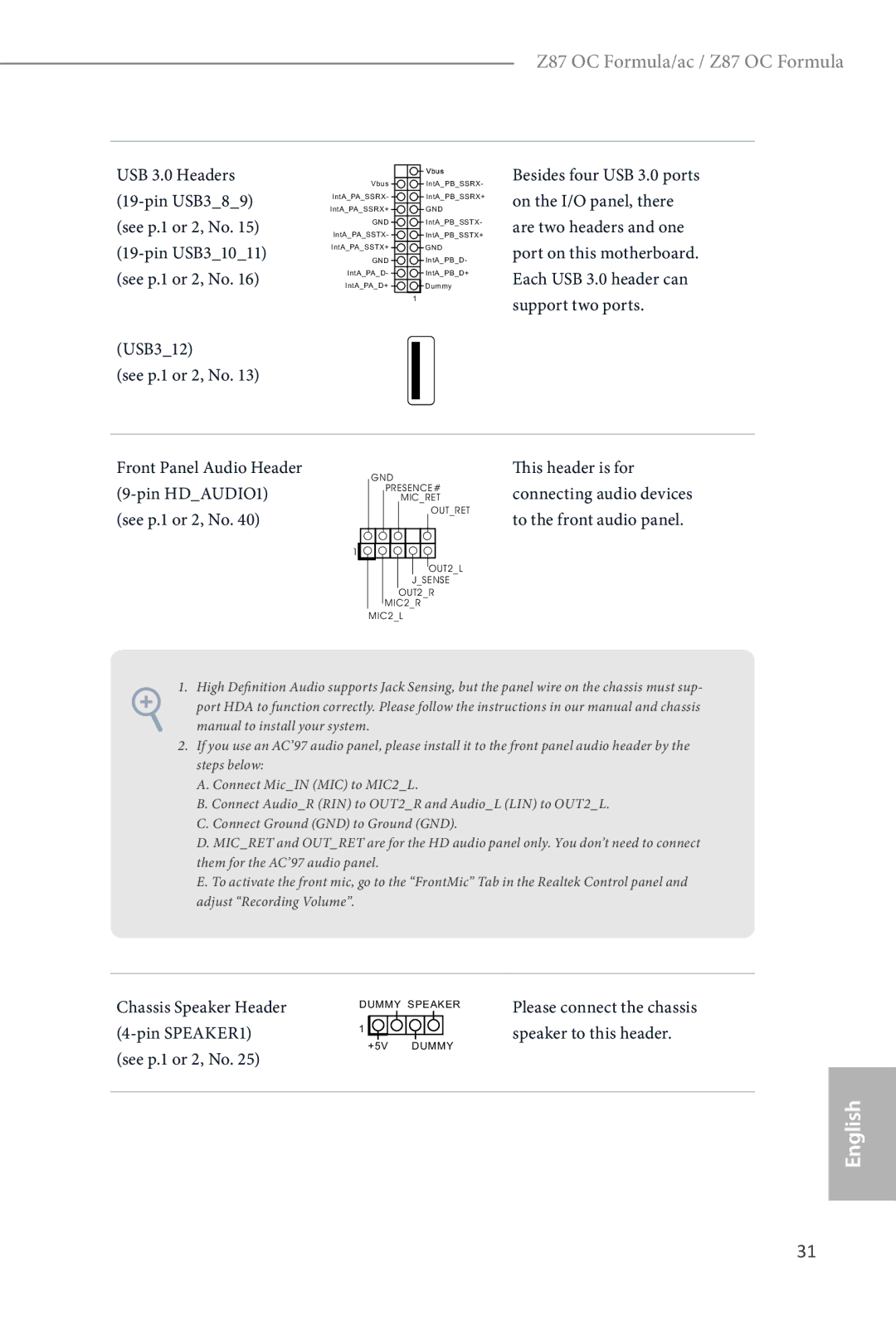 ASRock Z87 OC Formula USB 3.0 Headers, USB312 See p.1 or 2, No, Chassis Speaker Header 4-pin SPEAKER1 see p.1 or 2, No 