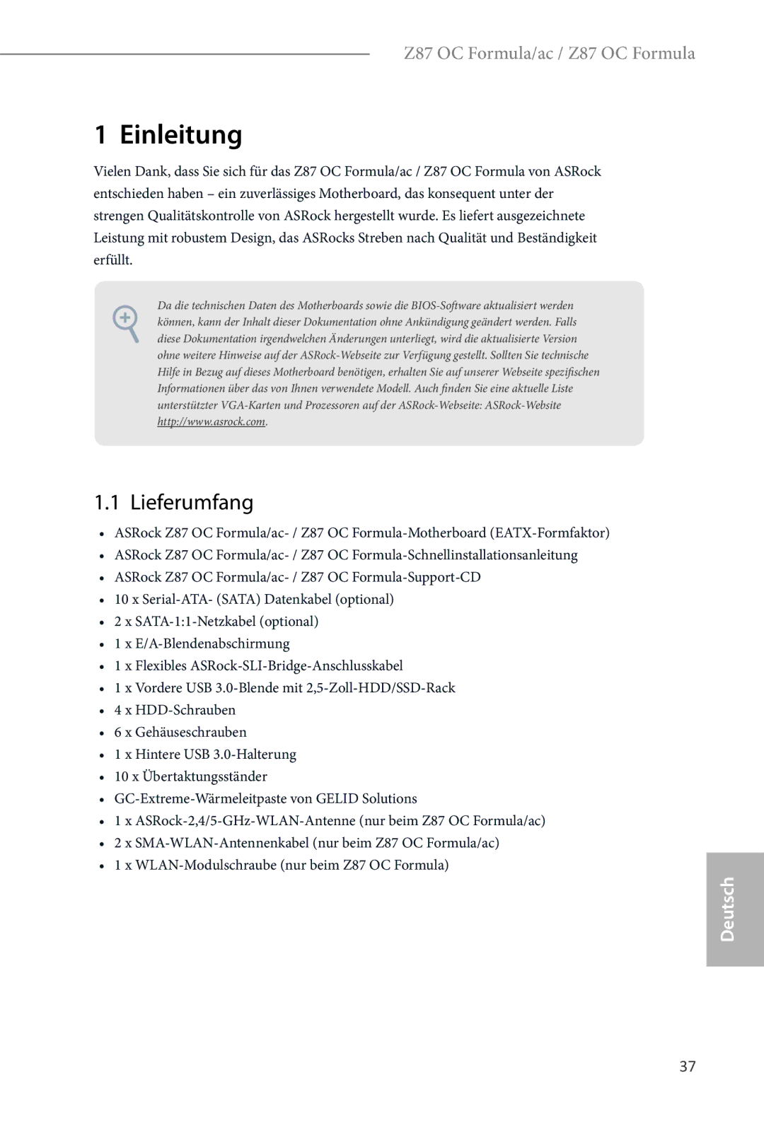 ASRock Z87 OC Formula manual Einleitung, Lieferumfang 