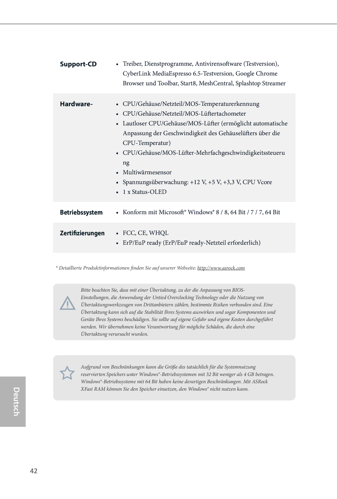 ASRock Z87 OC Formula manual Support-CD, Betriebssystem, Zertifizierungen 