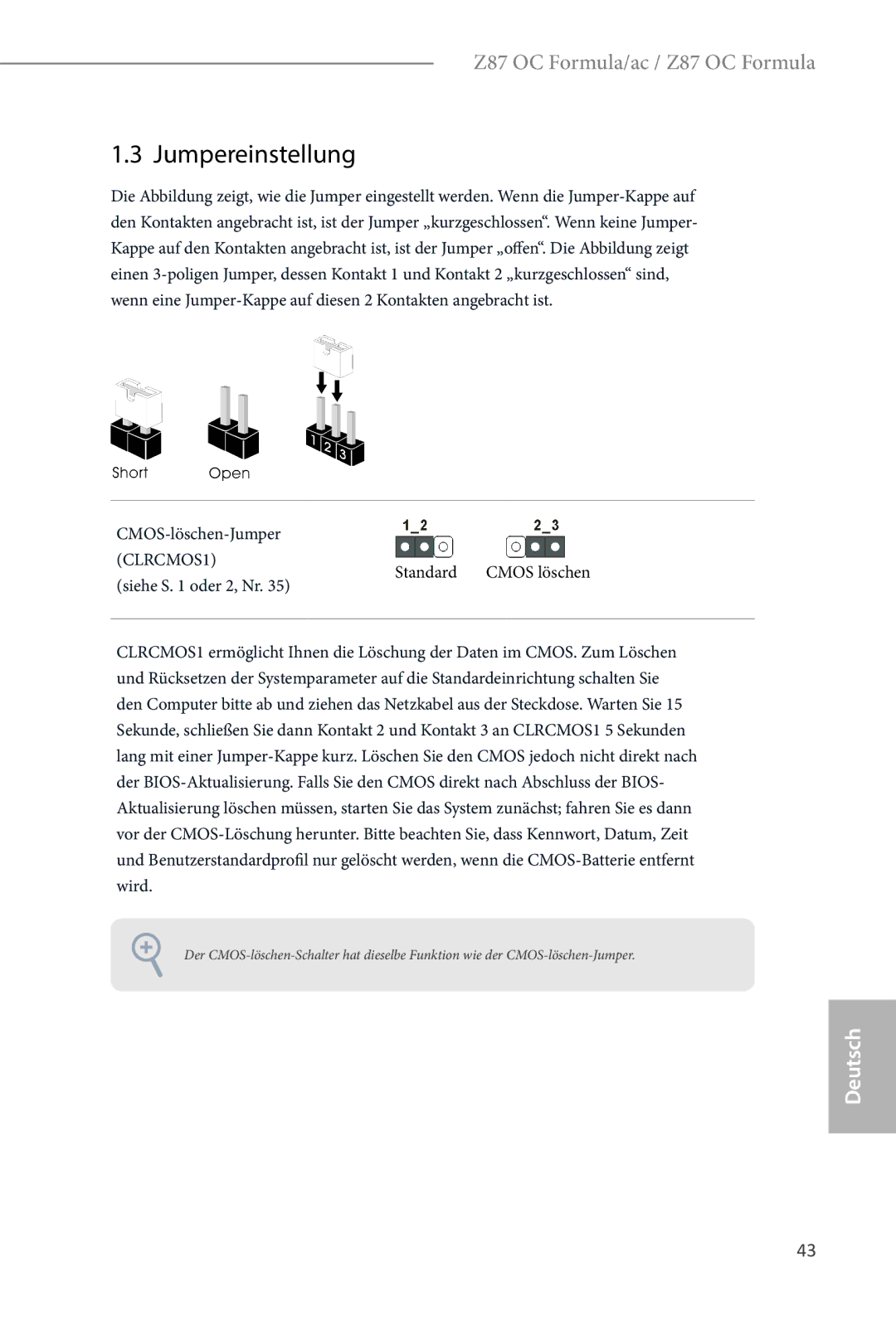 ASRock Z87 OC Formula manual Jumpereinstellung, CMOS-löschen-Jumper, Standard Cmos löschen, Siehe S oder 2, Nr 
