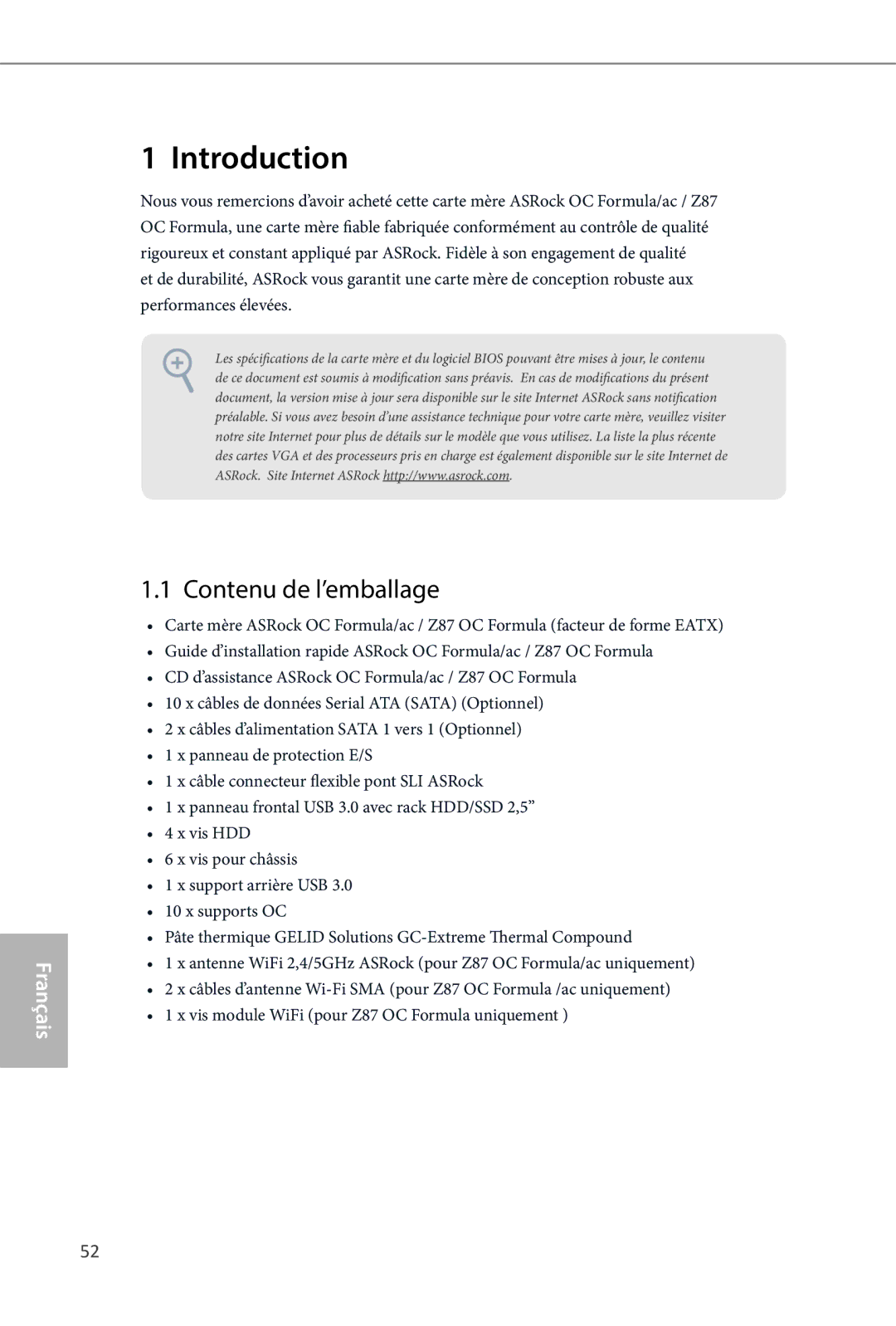 ASRock Z87 OC Formula manual Contenu de l’emballage 