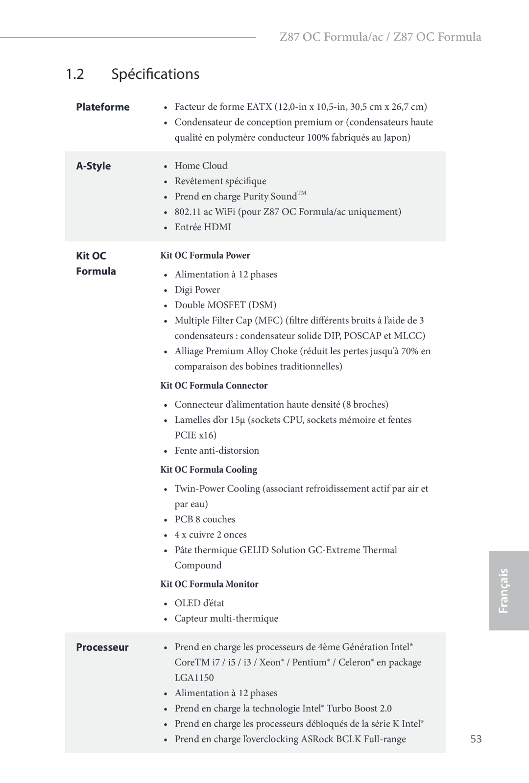 ASRock Z87 OC Formula manual Spécifications, Plateforme, Kit OC 