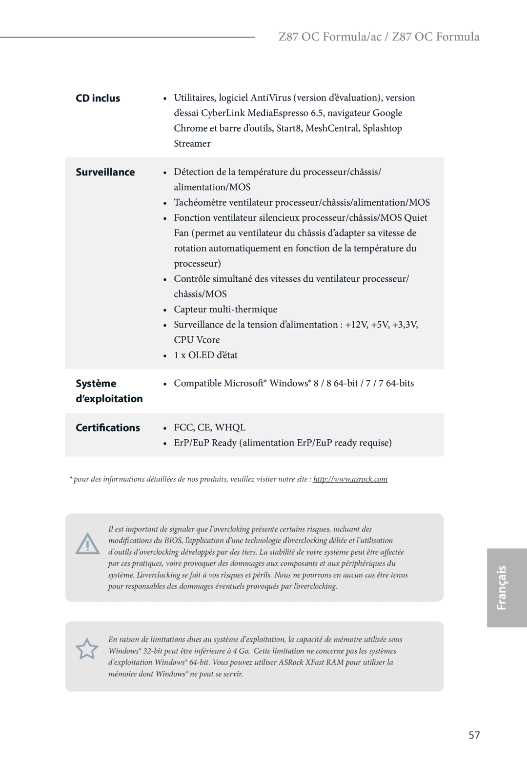 ASRock Z87 OC Formula manual CD inclus, Surveillance, Système, ’exploitation Certifications 