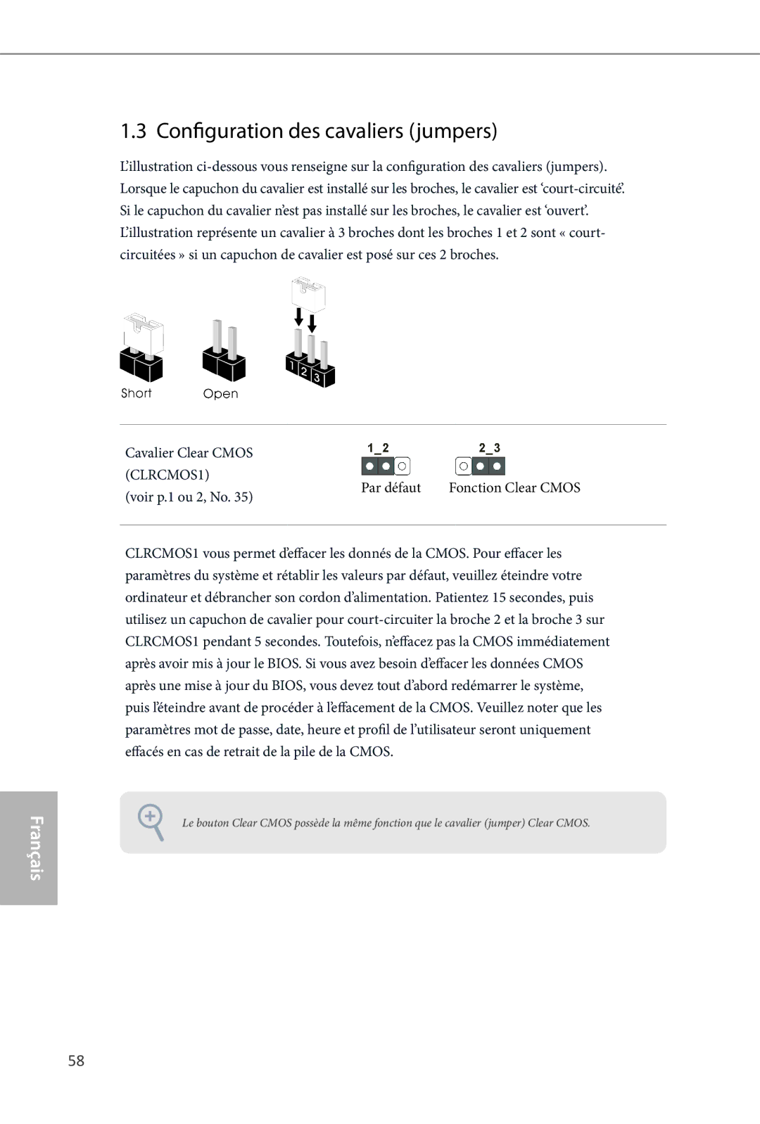 ASRock Z87 OC Formula manual Configuration des cavaliers jumpers, Cavalier Clear Cmos, Par défaut Fonction Clear Cmos 