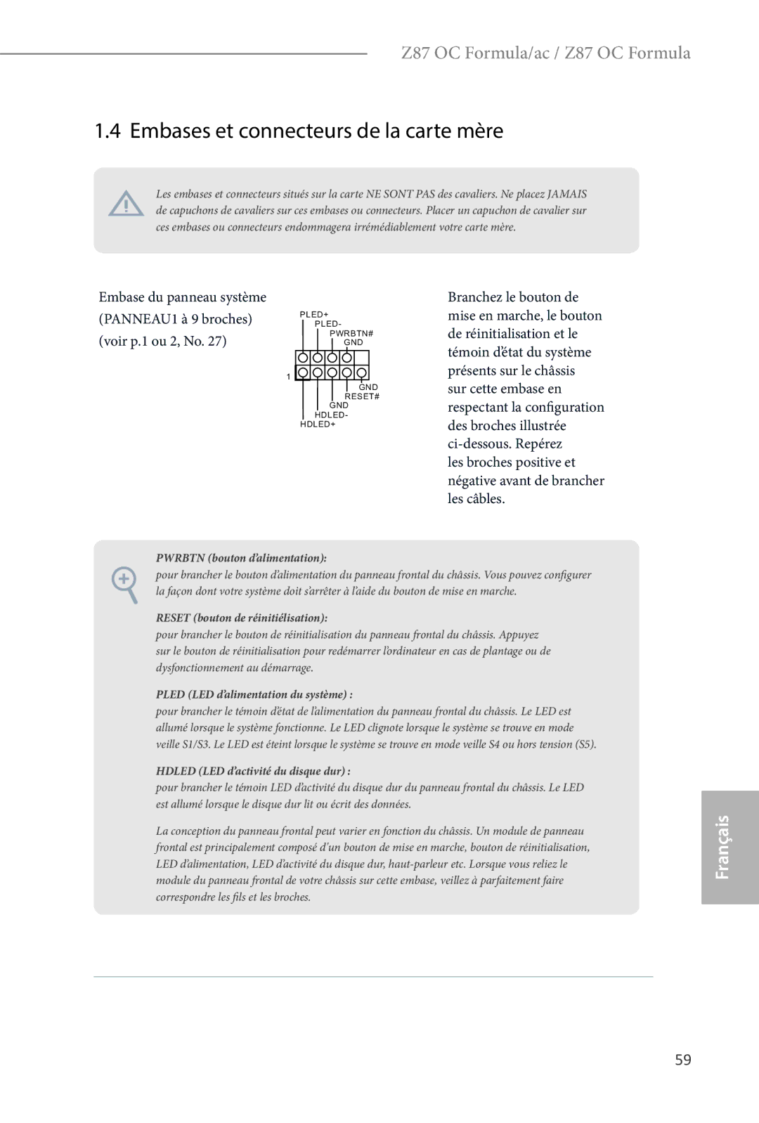 ASRock Z87 OC Formula manual Embases et connecteurs de la carte mère, Pwrbtn bouton d’alimentation 