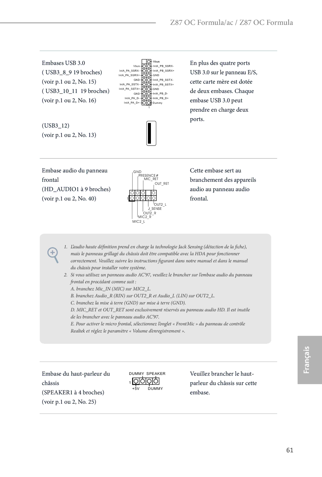 ASRock Z87 OC Formula manual USB312 Voir p.1 ou 2, No, Embase du haut-parleur du, Châssis, SPEAKER1 à 4 broches 