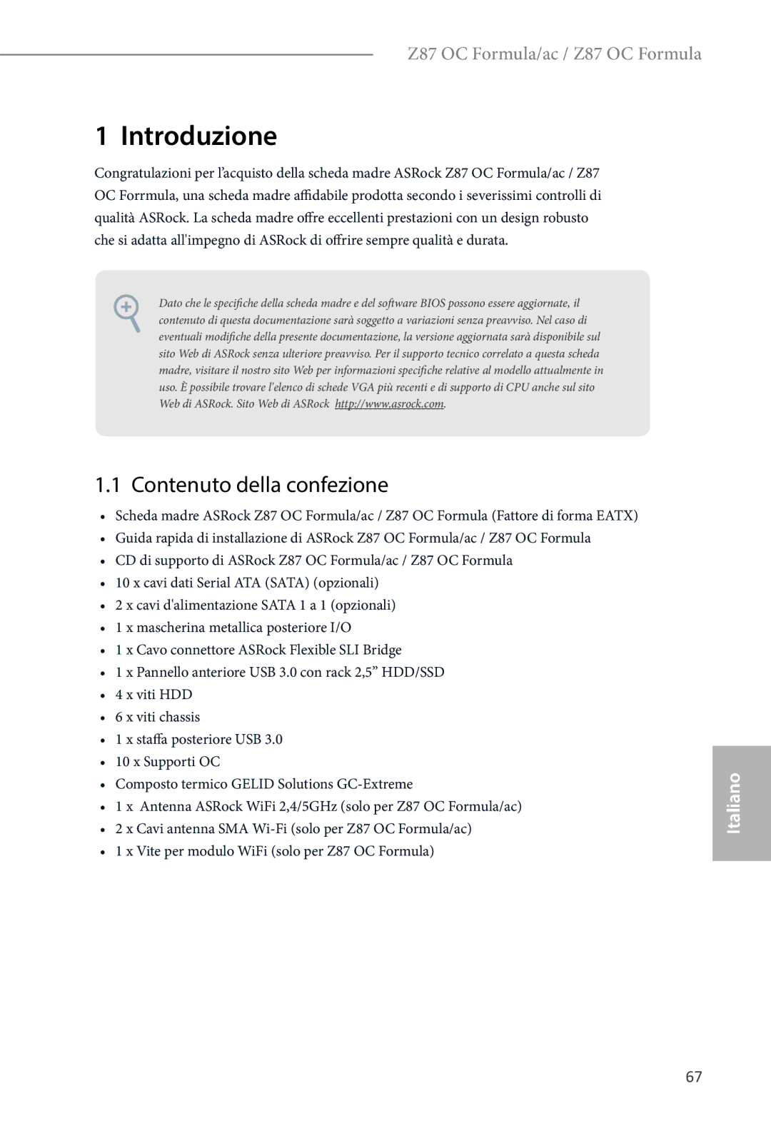 ASRock Z87 OC Formula manual Introduzione, Contenuto della confezione 