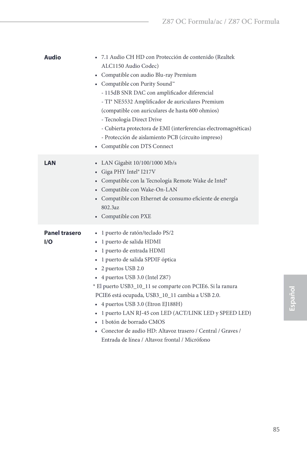 ASRock Z87 OC Formula manual Panel trasero 