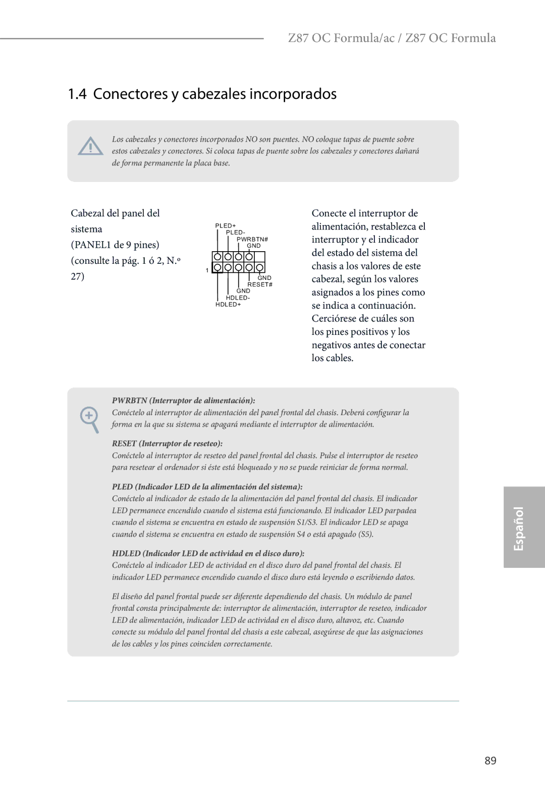 ASRock Z87 OC Formula manual Conectores y cabezales incorporados, Cabezal del panel del Sistema, PANEL1 de 9 pines 