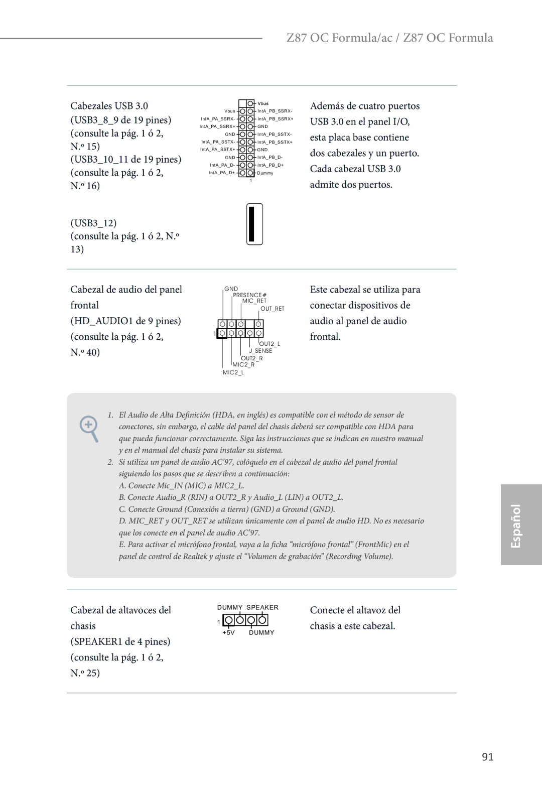 ASRock Z87 OC Formula manual Cabezal de altavoces del, Chasis, SPEAKER1 de 4 pines 