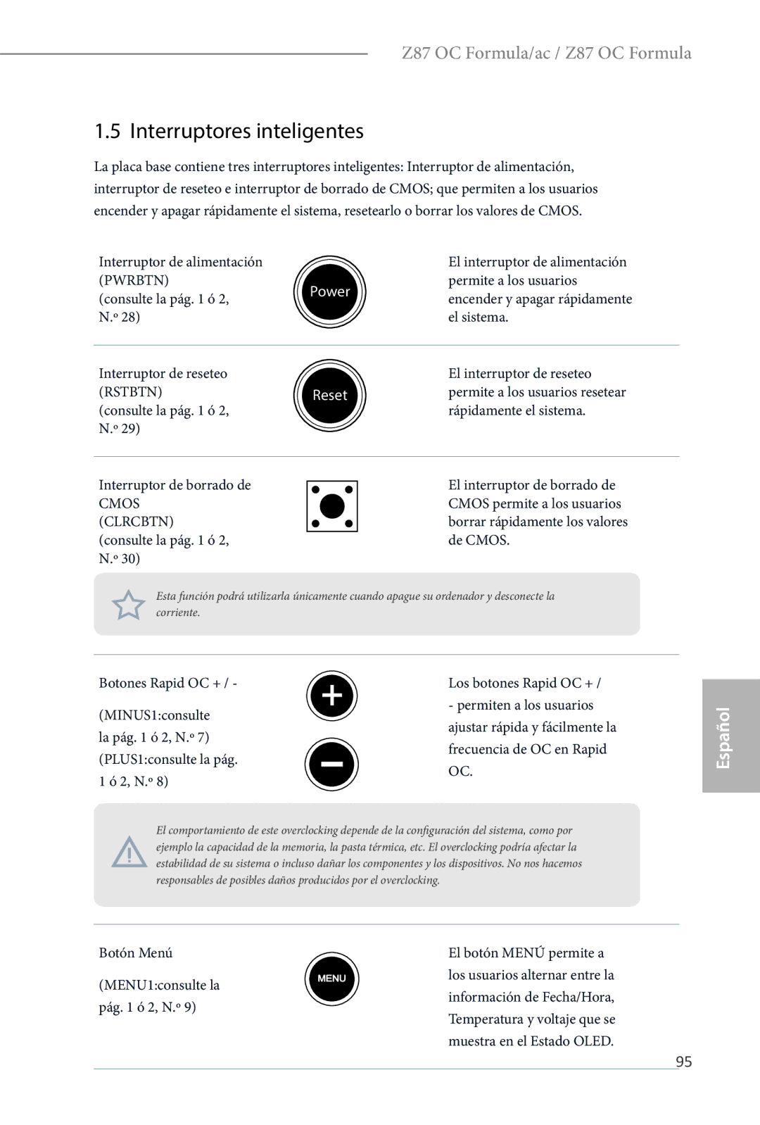 ASRock Z87 OC Formula manual Interruptores inteligentes, Interruptor de alimentación El interruptor de alimentación 