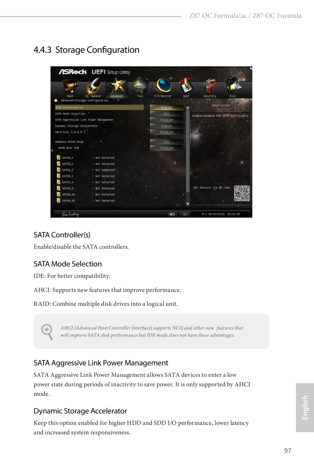 ASRock Z87 OC Formula Storage Configuration, Sata Controllers, Sata Mode Selection, Sata Aggressive Link Power Management 