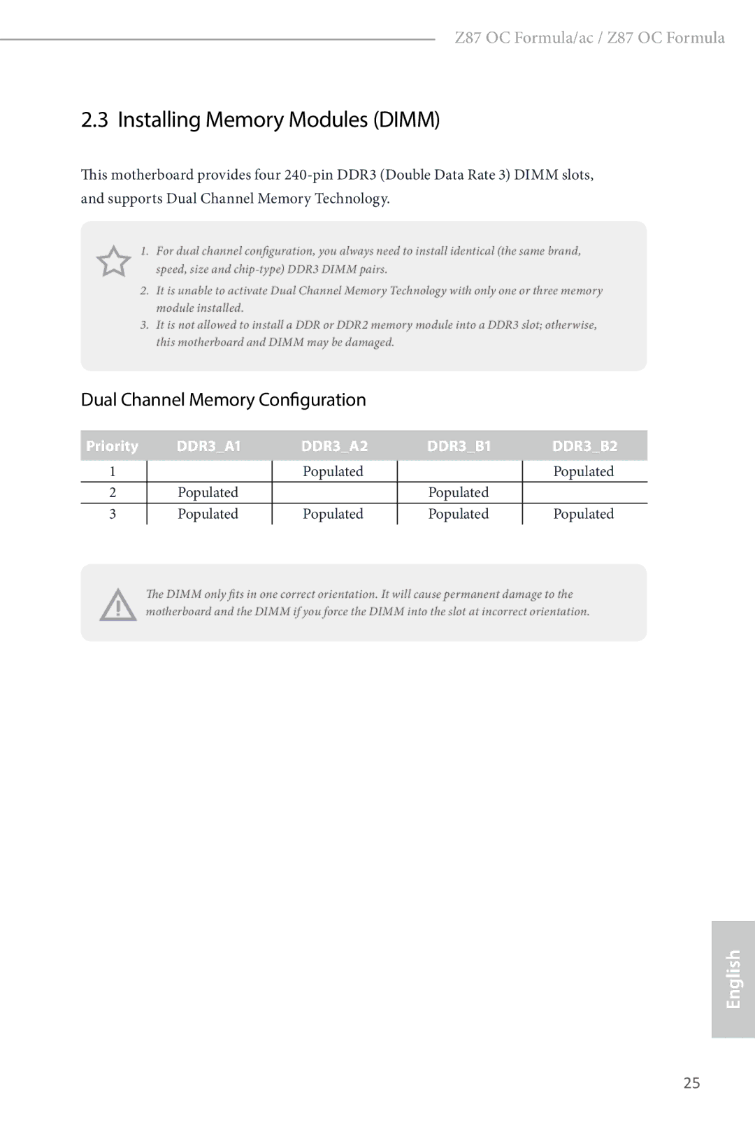 ASRock Z87 OC Formula manual Installing Memory Modules Dimm, Dual Channel Memory Configuration 