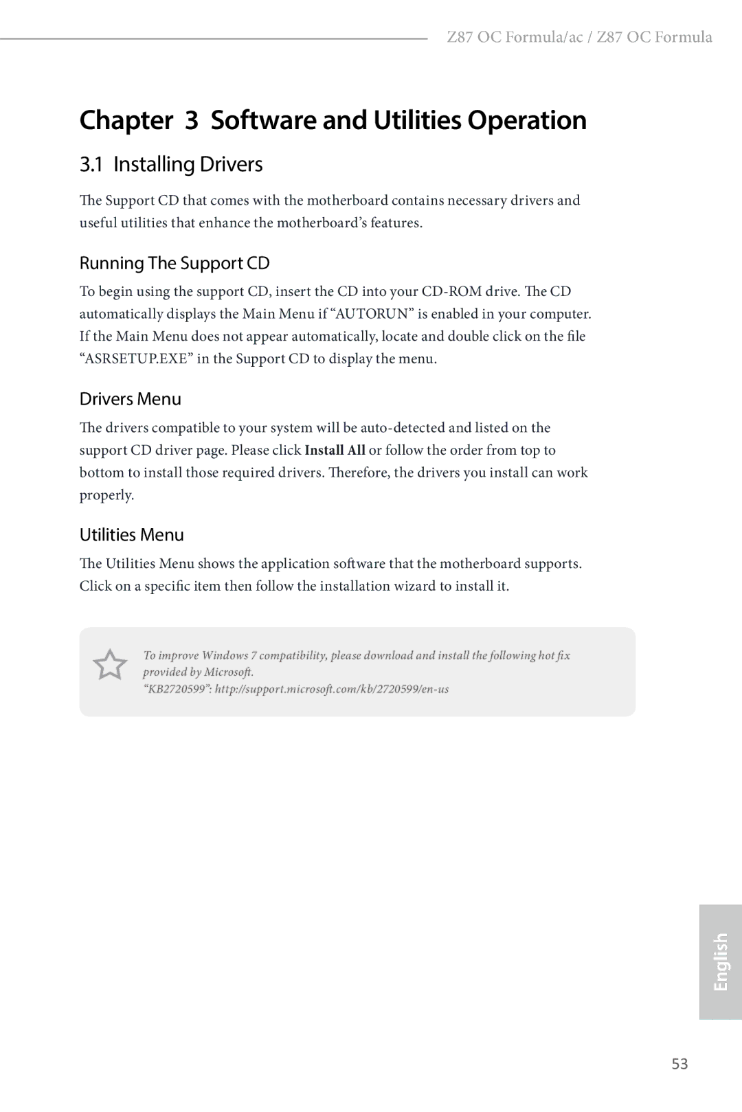 ASRock Z87 OC Formula manual Installing Drivers, Running The Support CD, Drivers Menu, Utilities Menu 