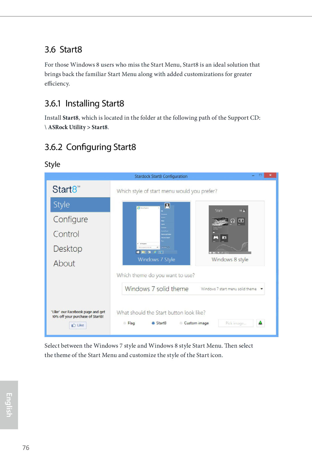 ASRock Z87 OC Formula manual Installing Start8, Configuring Start8, Style 