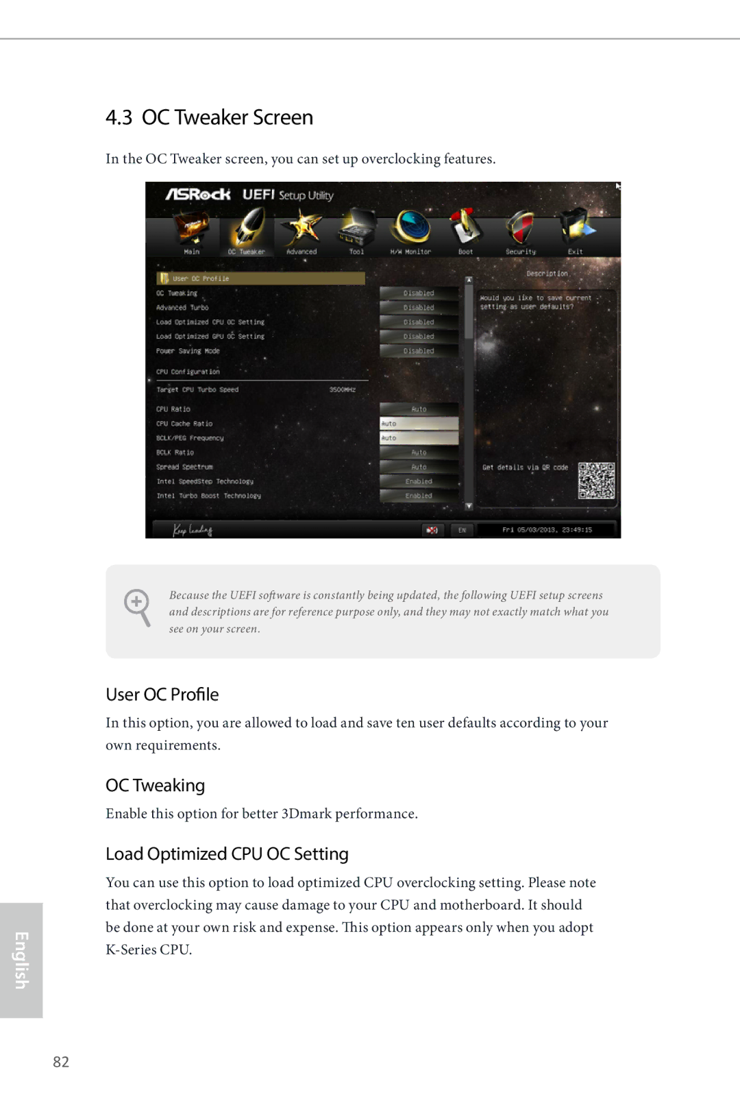 ASRock Z87 OC Formula manual OC Tweaker Screen, User OC Profile, OC Tweaking, Load Optimized CPU OC Setting 