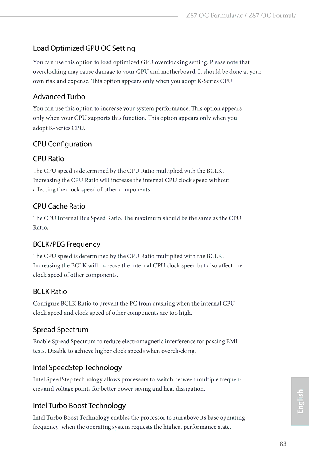 ASRock Z87 OC Formula manual Load Optimized GPU OC Setting, Advanced Turbo, CPU Configuration CPU Ratio, CPU Cache Ratio 