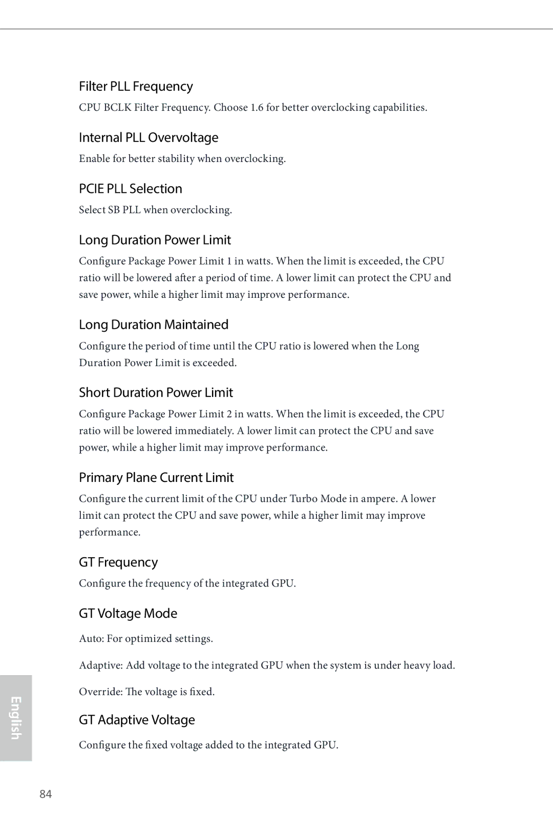 ASRock Z87 OC Formula manual Filter PLL Frequency, Internal PLL Overvoltage, Pcie PLL Selection, Long Duration Power Limit 