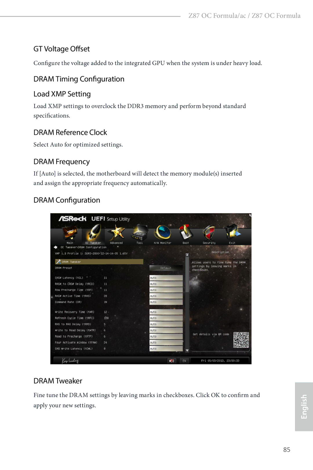 ASRock Z87 OC Formula GT Voltage Offset, Dram Timing Configuration Load XMP Setting, Dram Reference Clock, Dram Frequency 