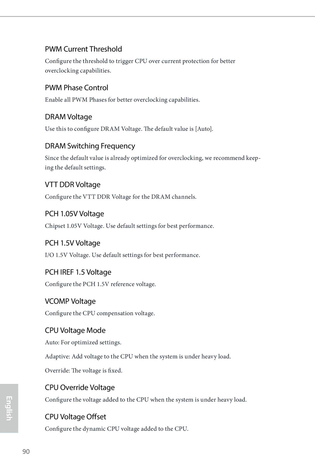 ASRock Z87 OC Formula PWM Current Threshold, PWM Phase Control, Dram Voltage, Dram Switching Frequency, VTT DDR Voltage 