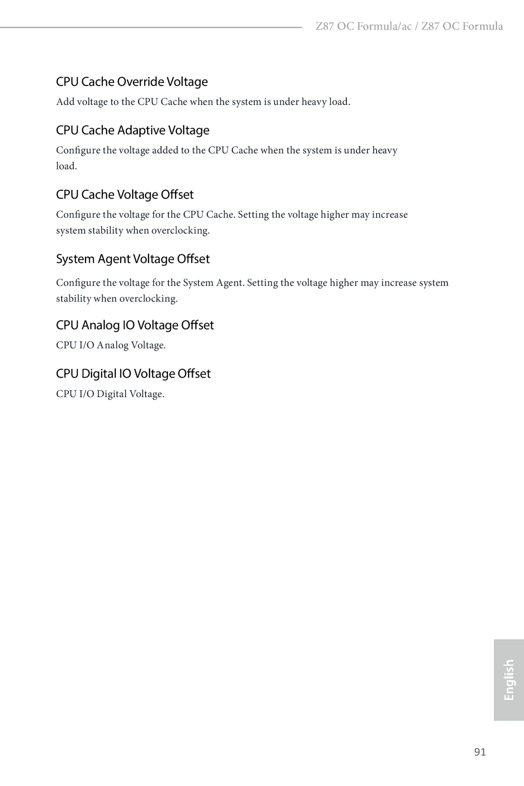 ASRock Z87 OC Formula manual CPU Cache Override Voltage, CPU Cache Adaptive Voltage, CPU Cache Voltage Offset 