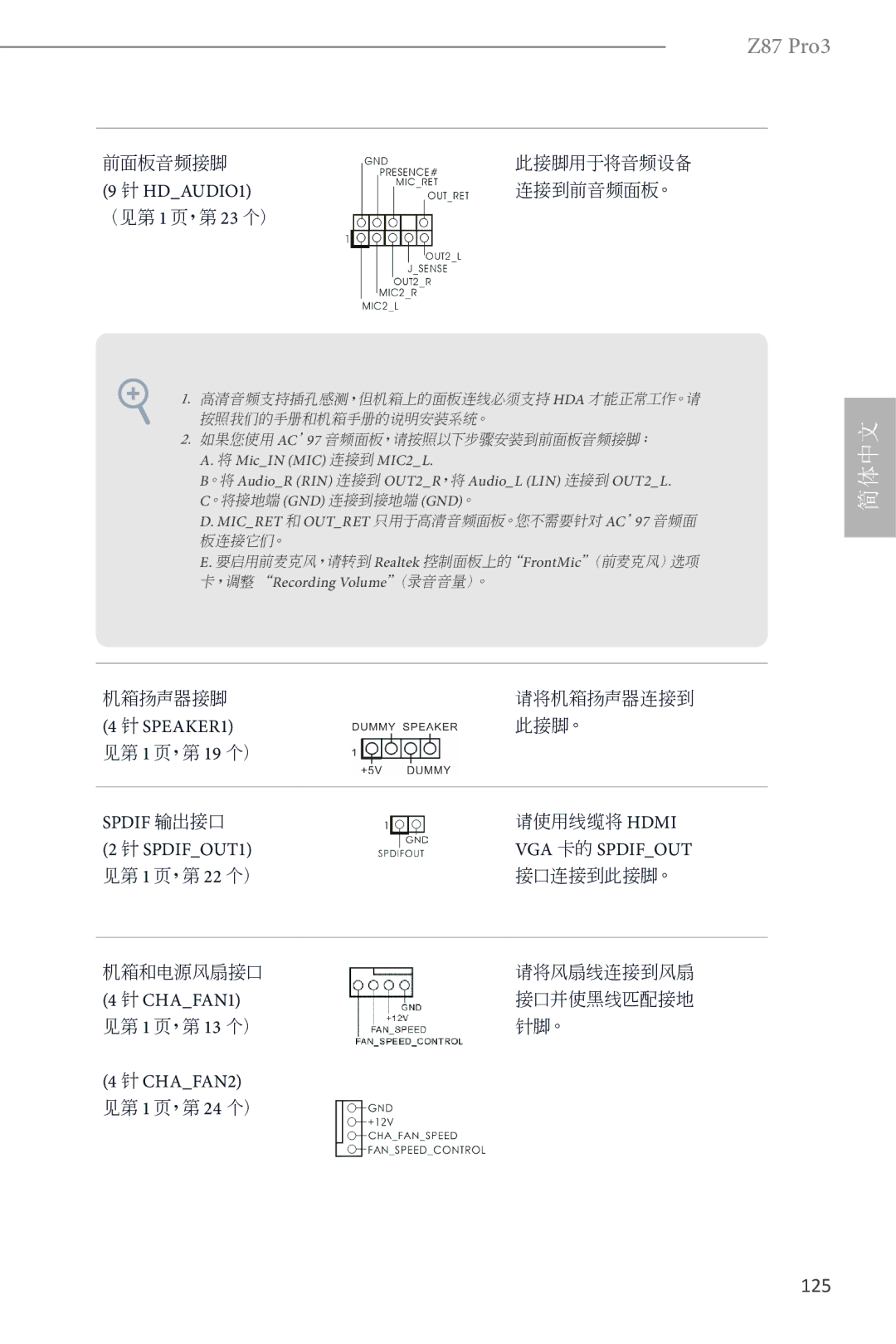 ASRock Z87 Pro3 manual HDAUDIO1, SPEAKER1, SPDIFOUT1 VGA 卡的 Spdifout, CHAFAN1, CHAFAN2 