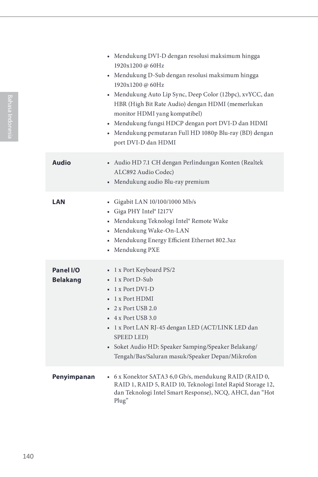 ASRock Z87 Pro3 manual Panel I/O, Belakang, Penyimpanan 